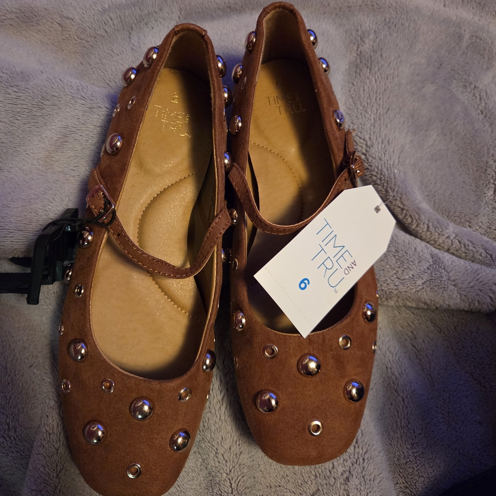 Time and Tru Brown Suedette Mary Jane Flats with Metallic Studs
